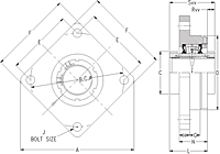 Double V-Lock Four Bolt Square Flange Block - Dimensional Drawing